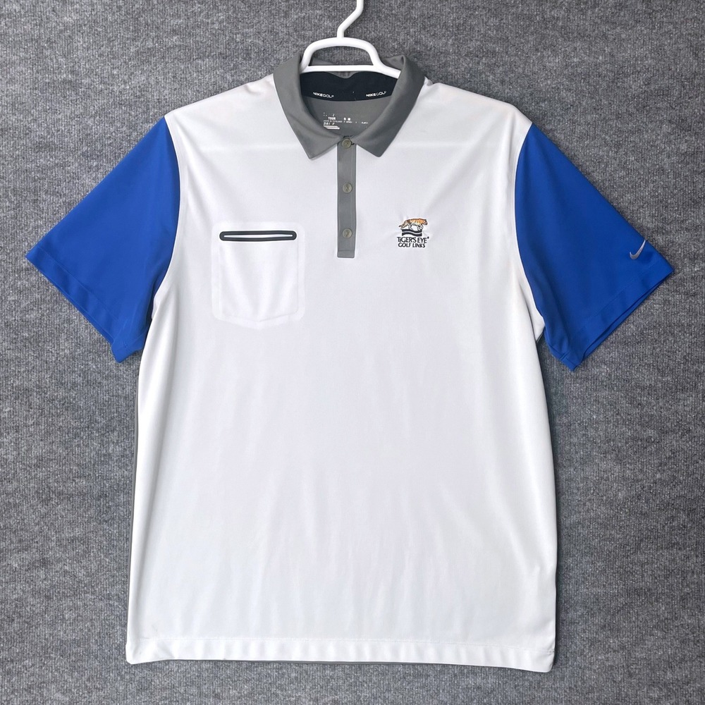 Nike Golf Dri-FIT Polo Shirt Tiger Eye Golf Links White Blue Mens XL Performance